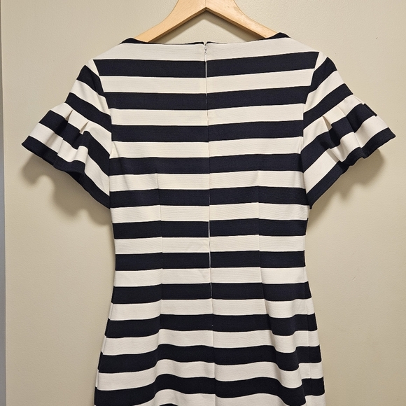 Eliza J Blue and White Mini Dress with Bateau Neckline and Ruffled Cap Sleeves 6 - Picture 13 of 16